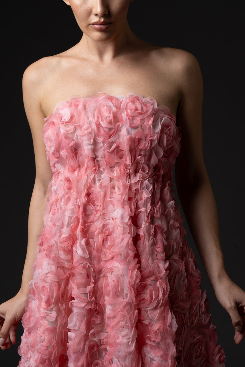 Strapless blush pink 3d floral embroidered tulle dress