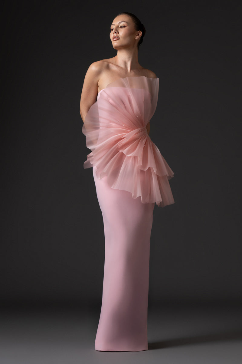 Strapless blush pink crêpe dress, featuring a draped organza bodice with 
embroidery