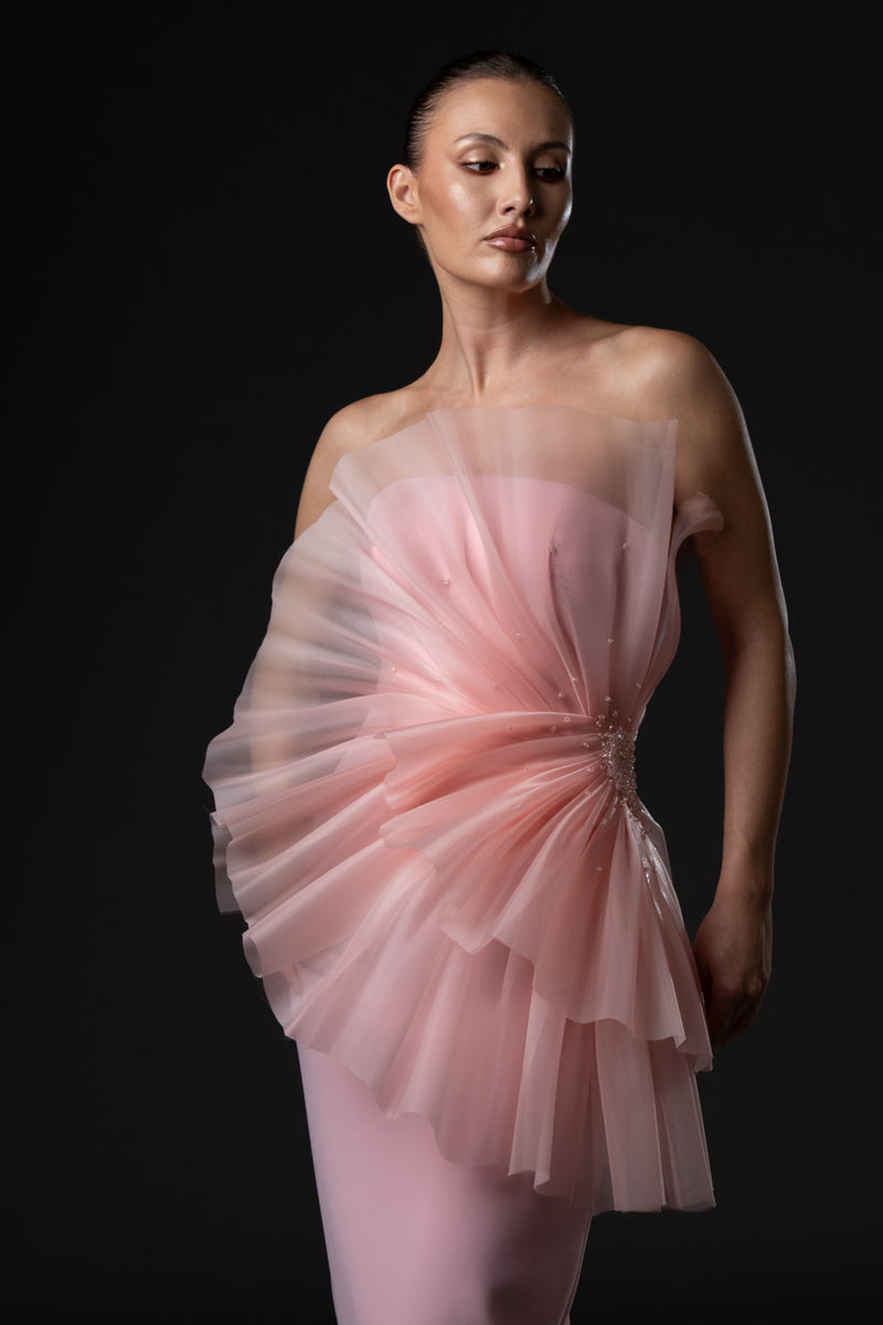 Strapless blush pink crêpe dress, featuring a draped organza bodice with 
embroidery