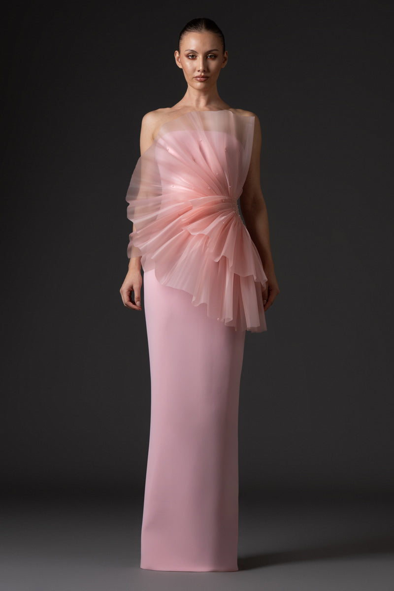 Strapless blush pink crêpe dress, featuring a draped organza bodice with 
embroidery