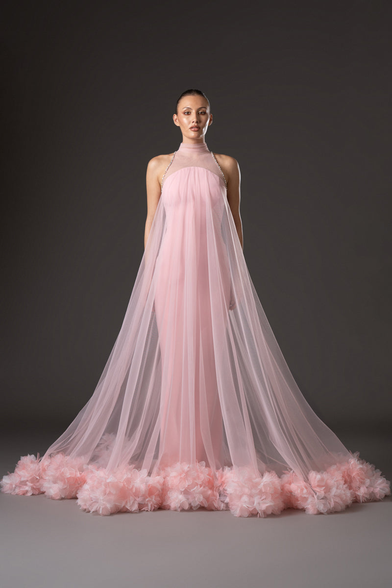 Strapless blush pink crêpe dress, layered under a halter neck tulle overlay with  floral embroidered hemline and crystal embroidered detailing