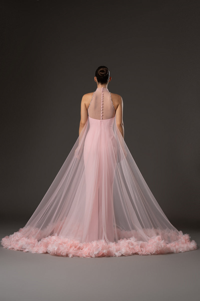 Strapless blush pink crêpe dress, layered under a halter neck tulle overlay with  floral embroidered hemline and crystal embroidered detailing