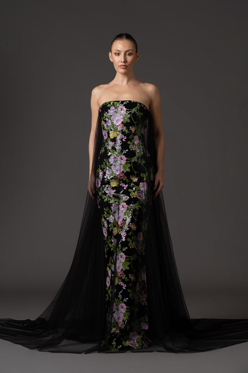 Strapless fully embroidered sequin dress with black tulle overlay