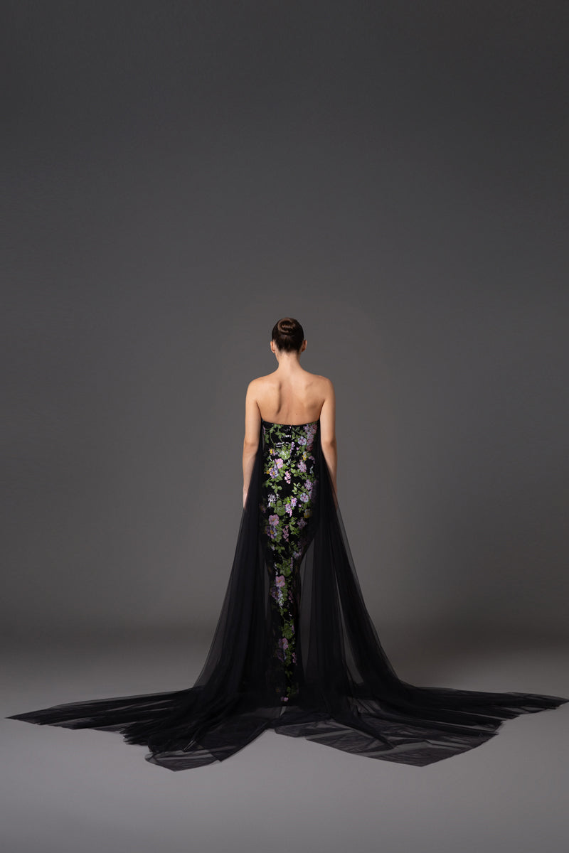 Strapless fully embroidered sequin dress with black tulle overlay