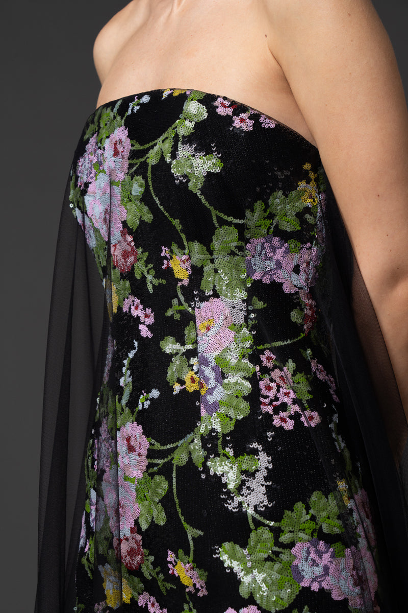 Strapless fully embroidered sequin dress with black tulle overlay