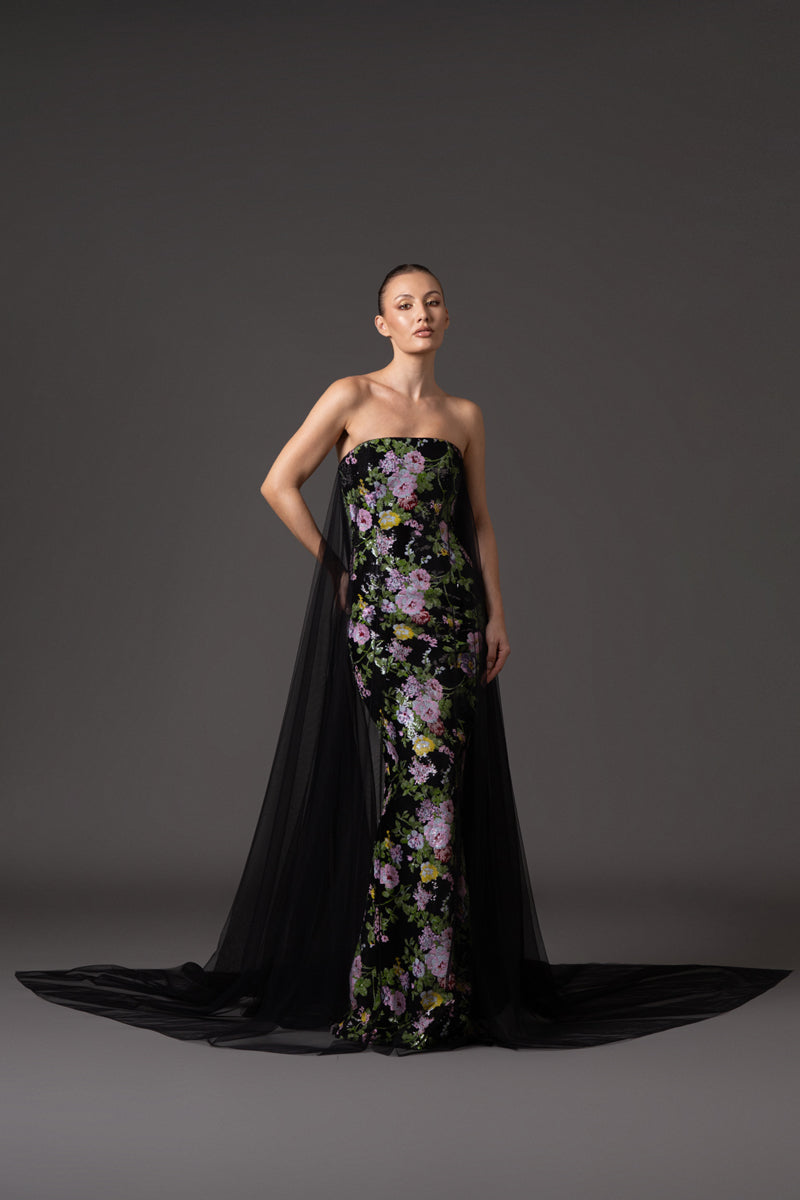 Strapless fully embroidered sequin dress with black tulle overlay