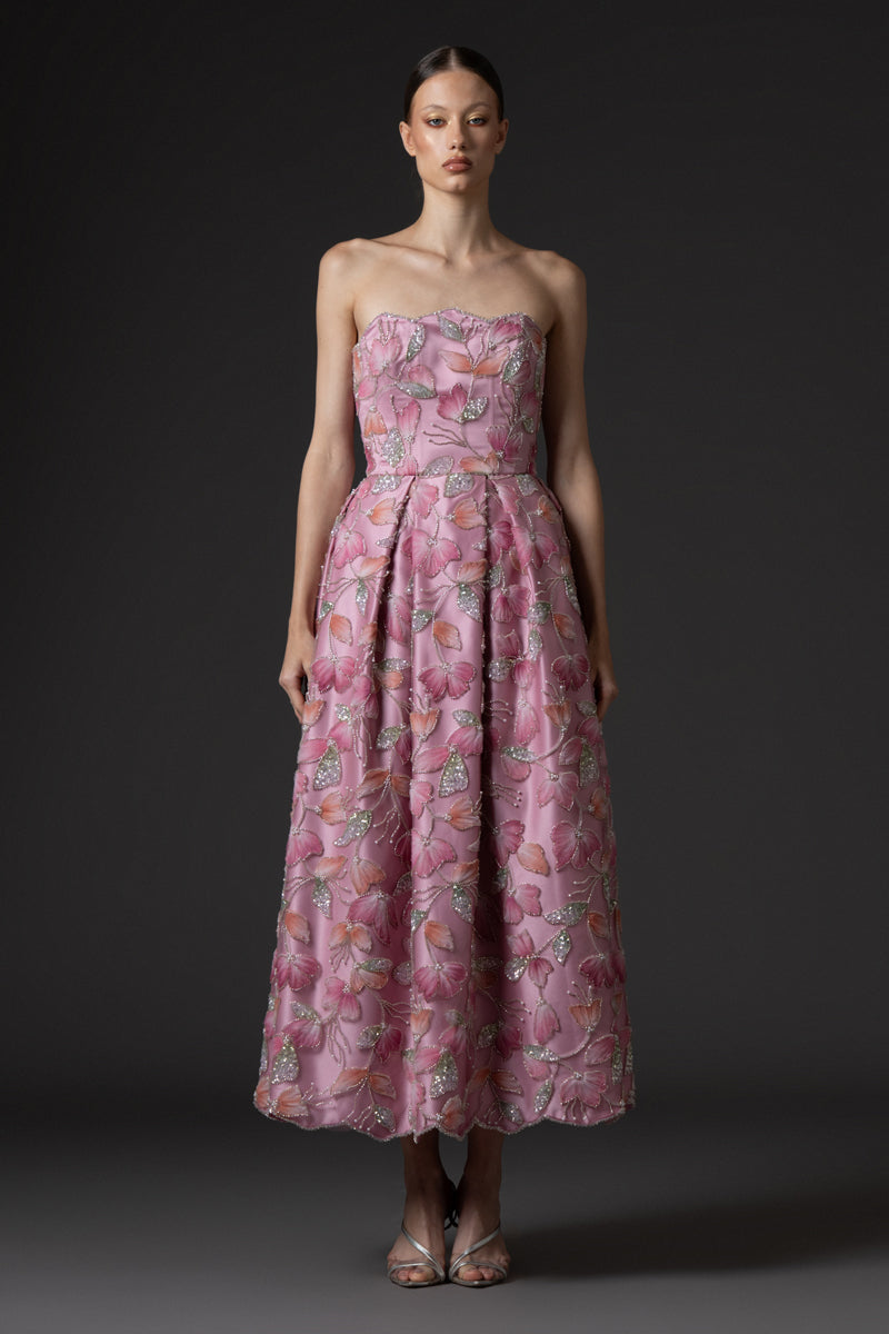 Strapless lavender pink radzimir dress with tulle embroidery