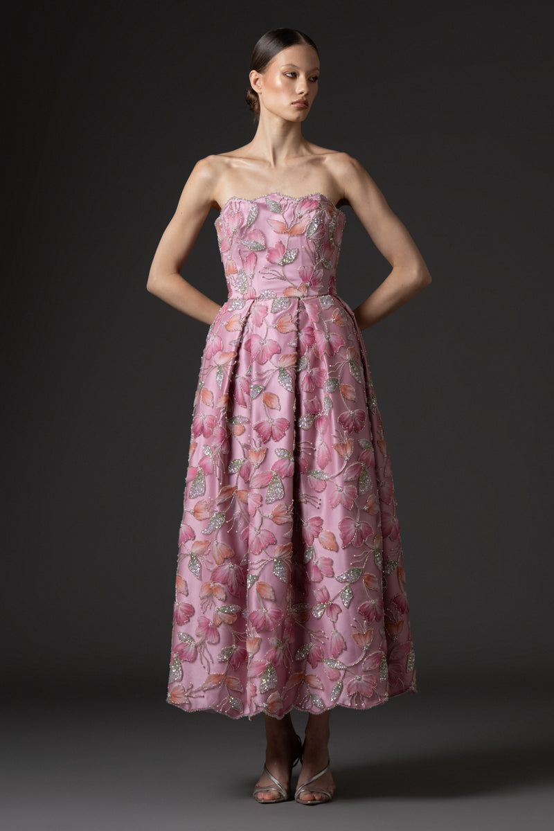 Strapless lavender pink radzimir dress with tulle embroidery