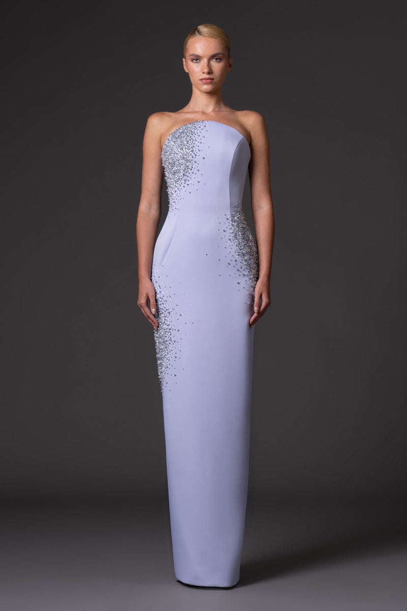 Misty lilac Strapless scuba crêpe dress with crystal embroidery