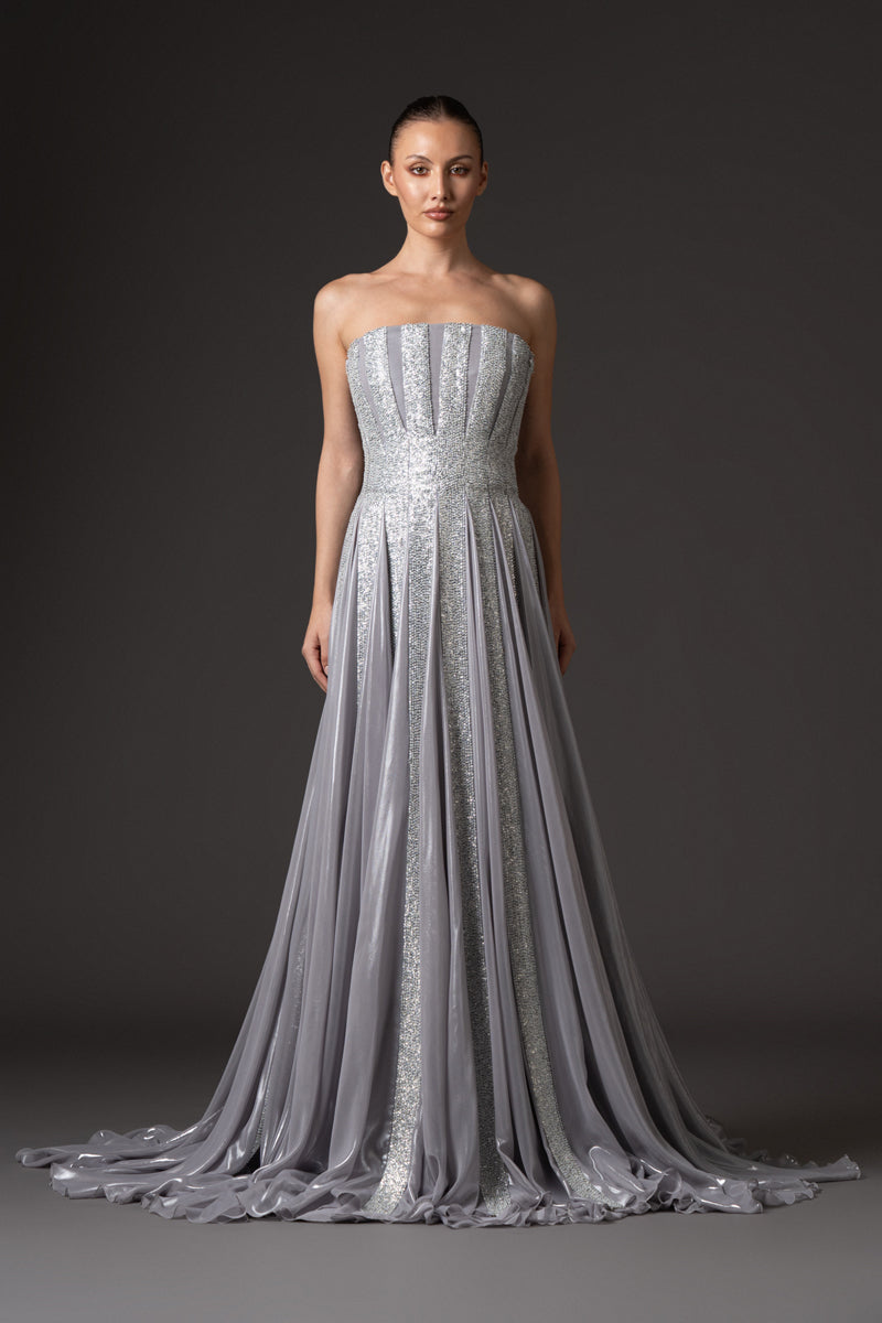 Strapless silver chiffon lamé dress with sequin panels