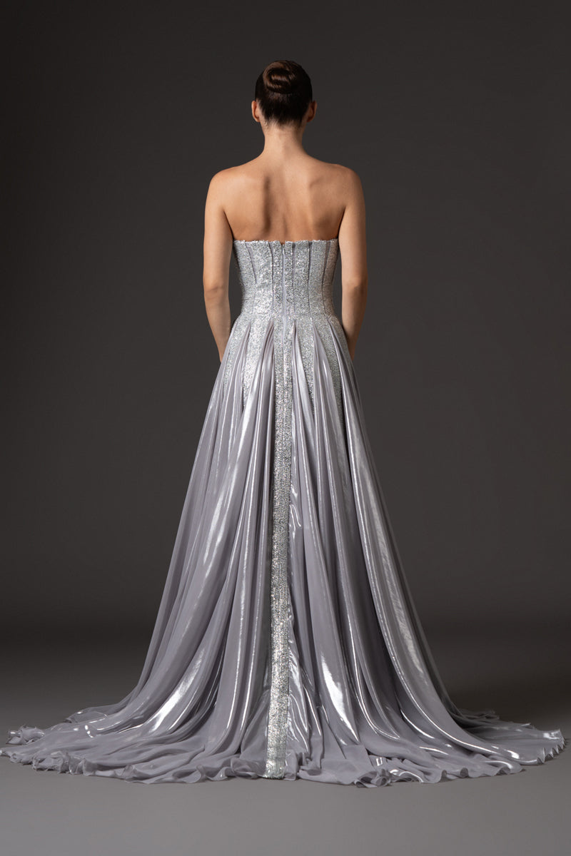 Strapless silver chiffon lamé dress with sequin panels