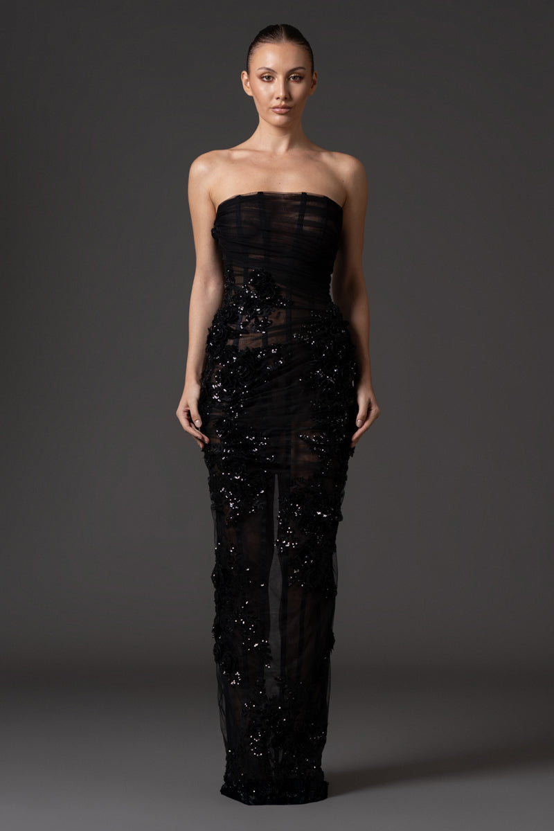 Strapless tulle embroidered corseted dress