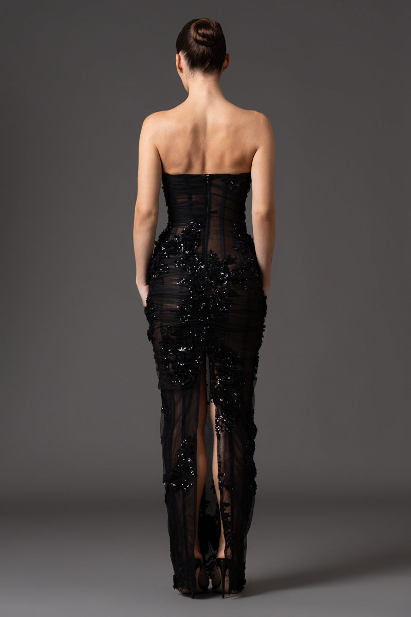 Strapless tulle embroidered corseted dress