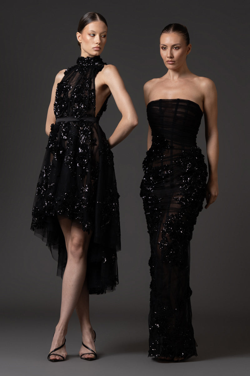 Strapless tulle embroidered corseted dress