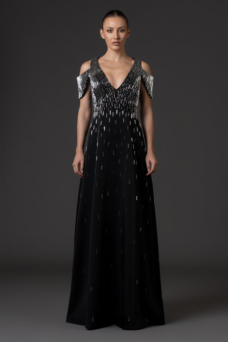 V-neck black scuba crêpe dress, embellished with bugle bead embroidery
