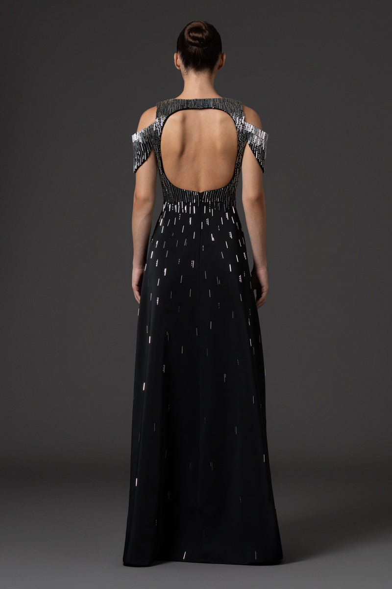V-neck black scuba crêpe dress, embellished with bugle bead embroidery