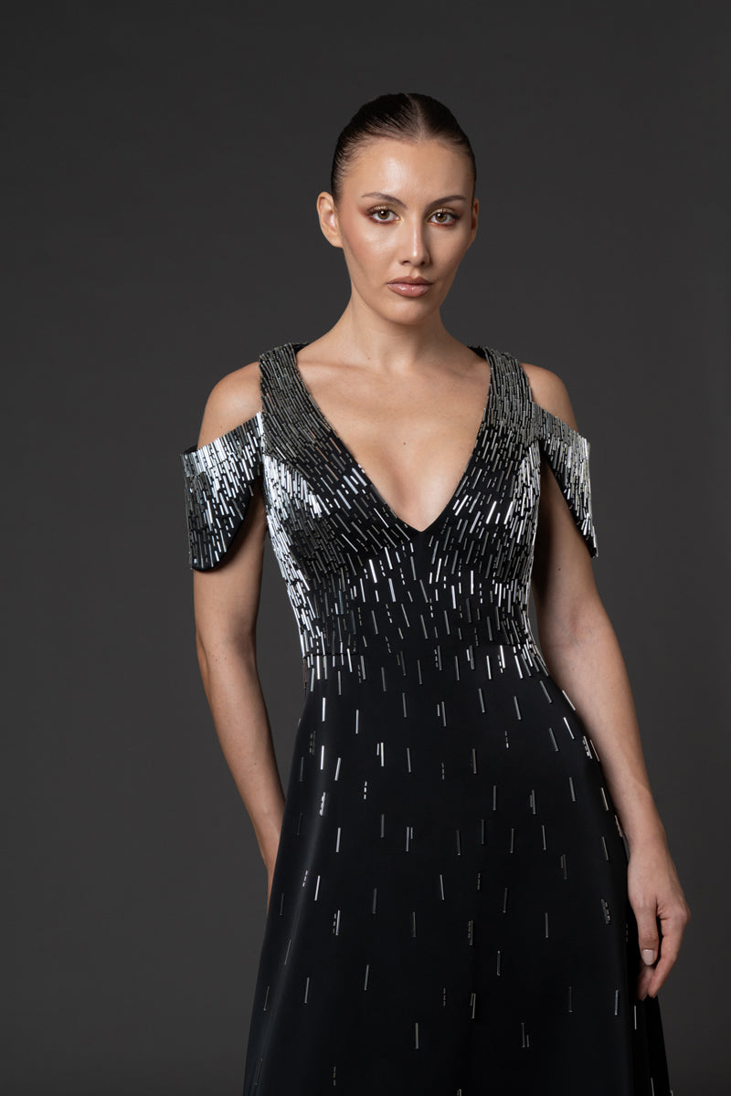 V-neck black scuba crêpe dress, embellished with bugle bead embroidery