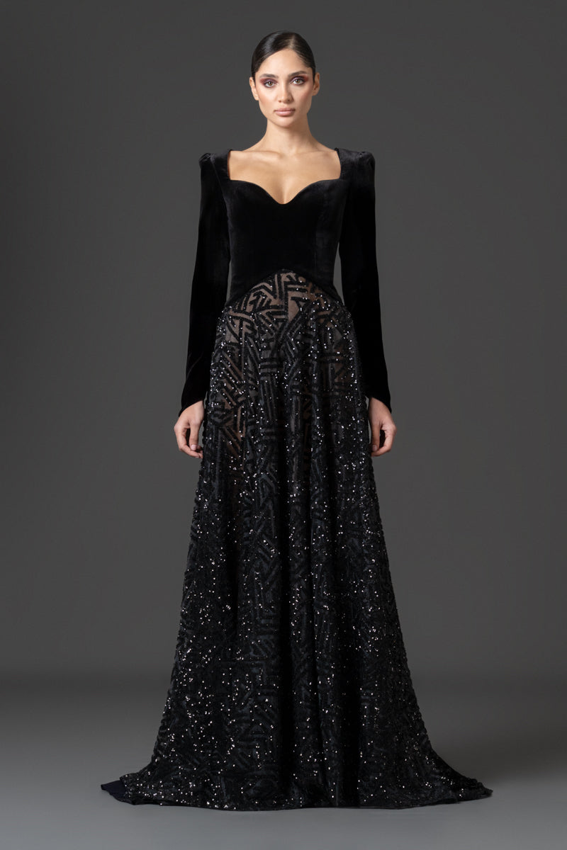 Velvet evening gown with a structured sweetheart bodice and embroidered 
a-line skirt
