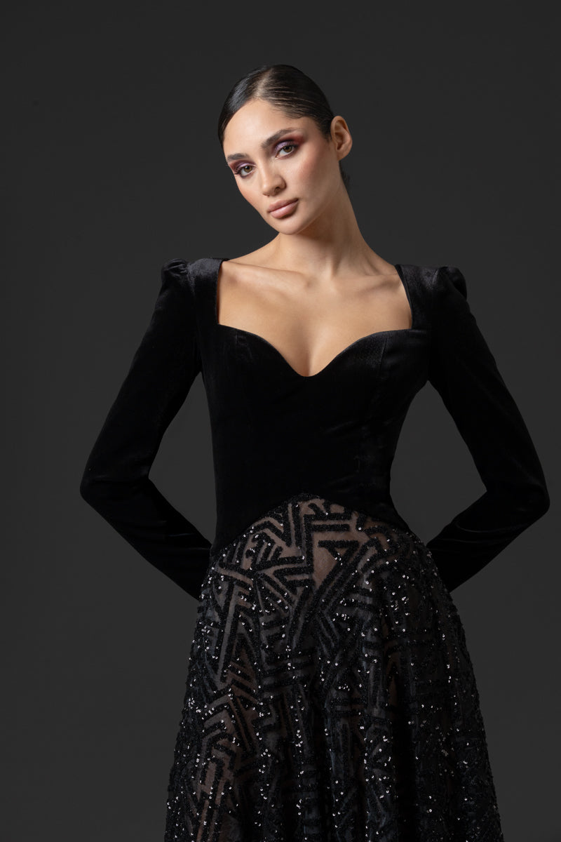 Velvet evening gown with a structured sweetheart bodice and embroidered 
a-line skirt