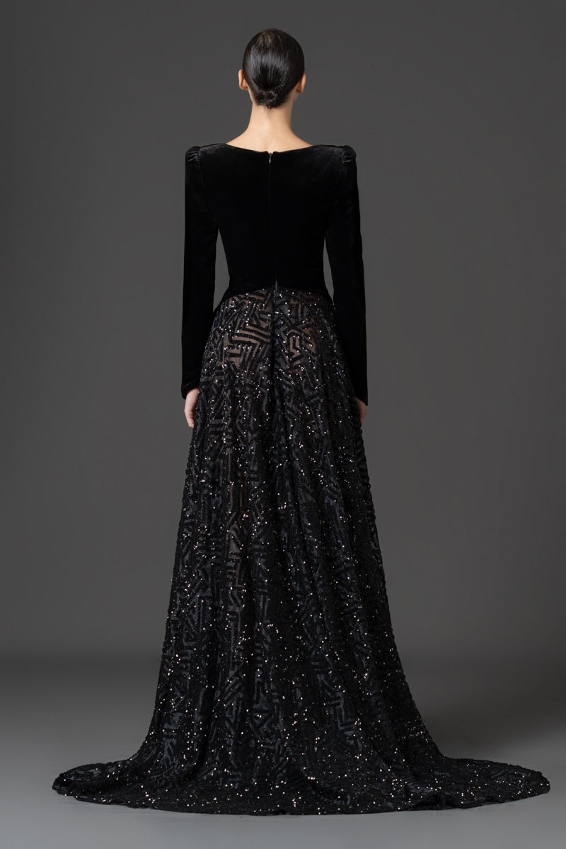 Velvet evening gown with a structured sweetheart bodice and embroidered 
a-line skirt