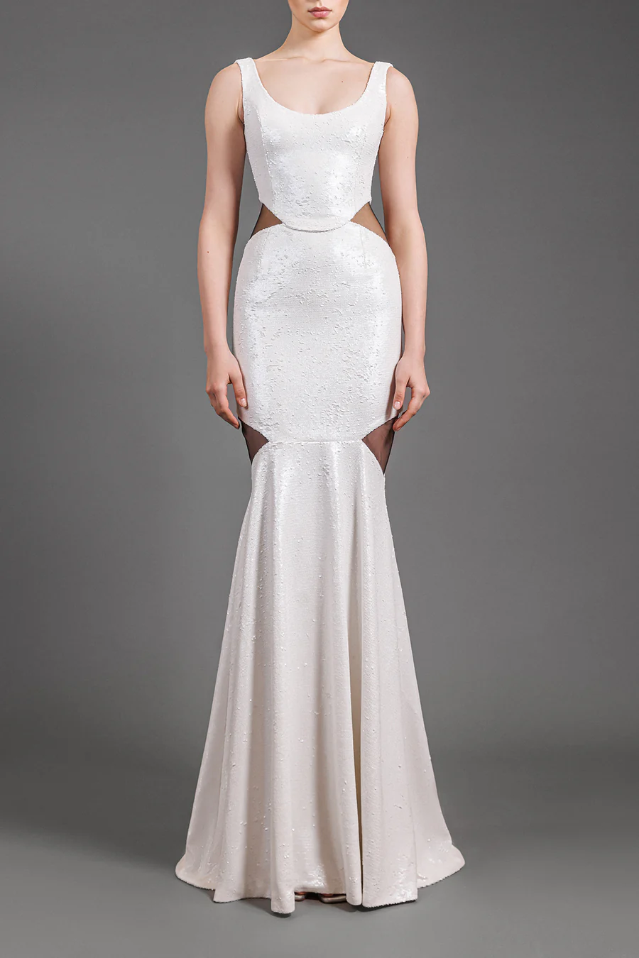 White sequins dress with black tulle cut-outs