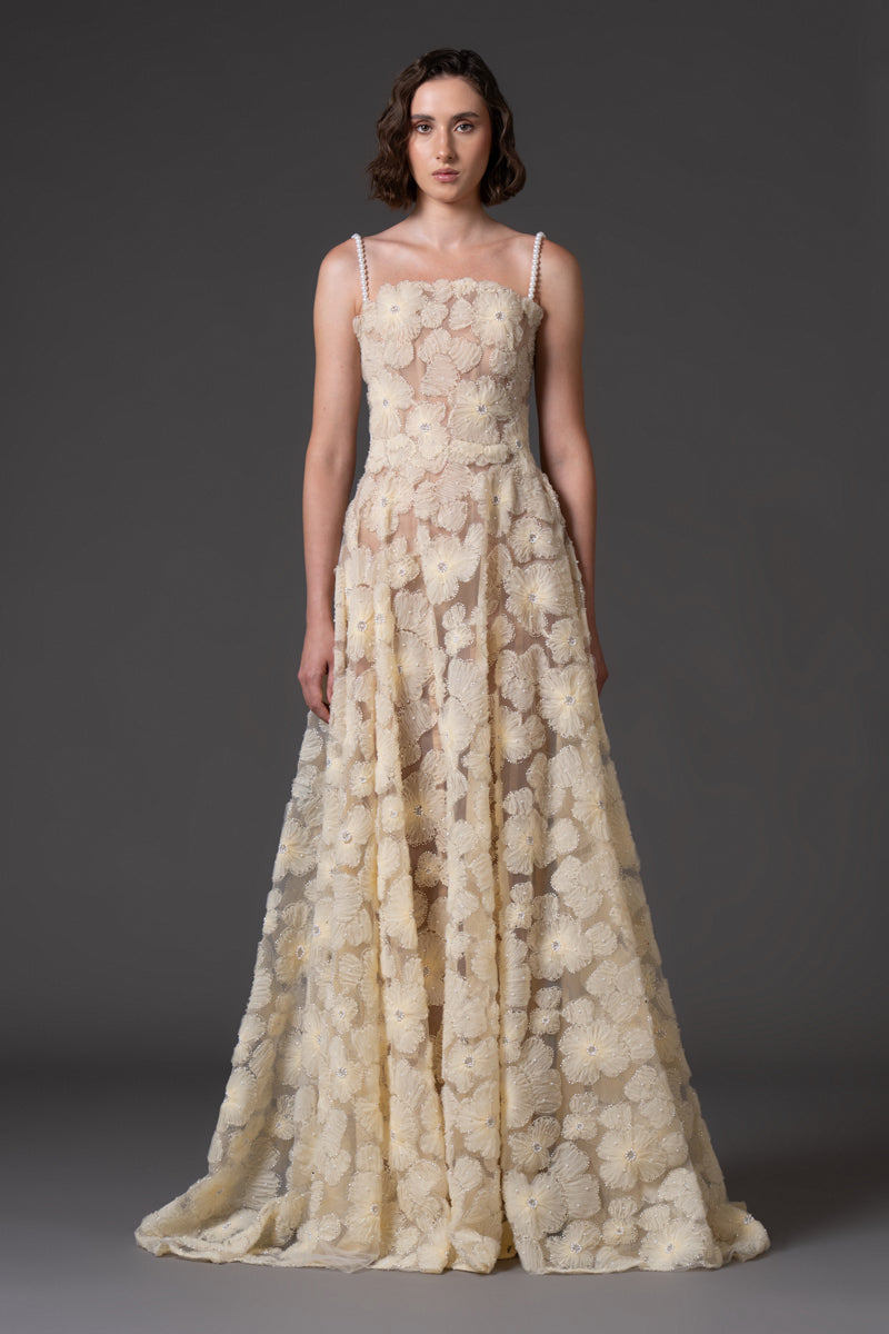 Yellow flower embroidered tulle gown with pearl straps