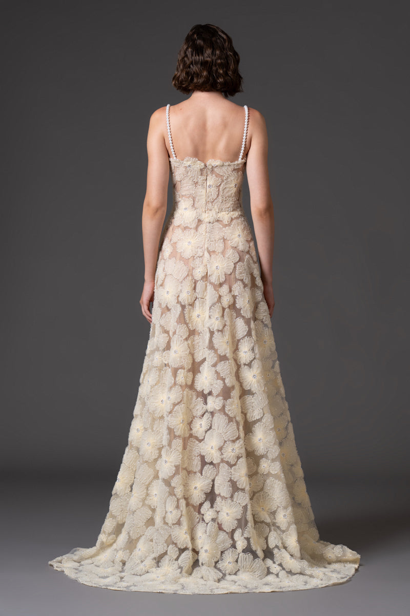 Yellow flower embroidered tulle gown with pearl straps