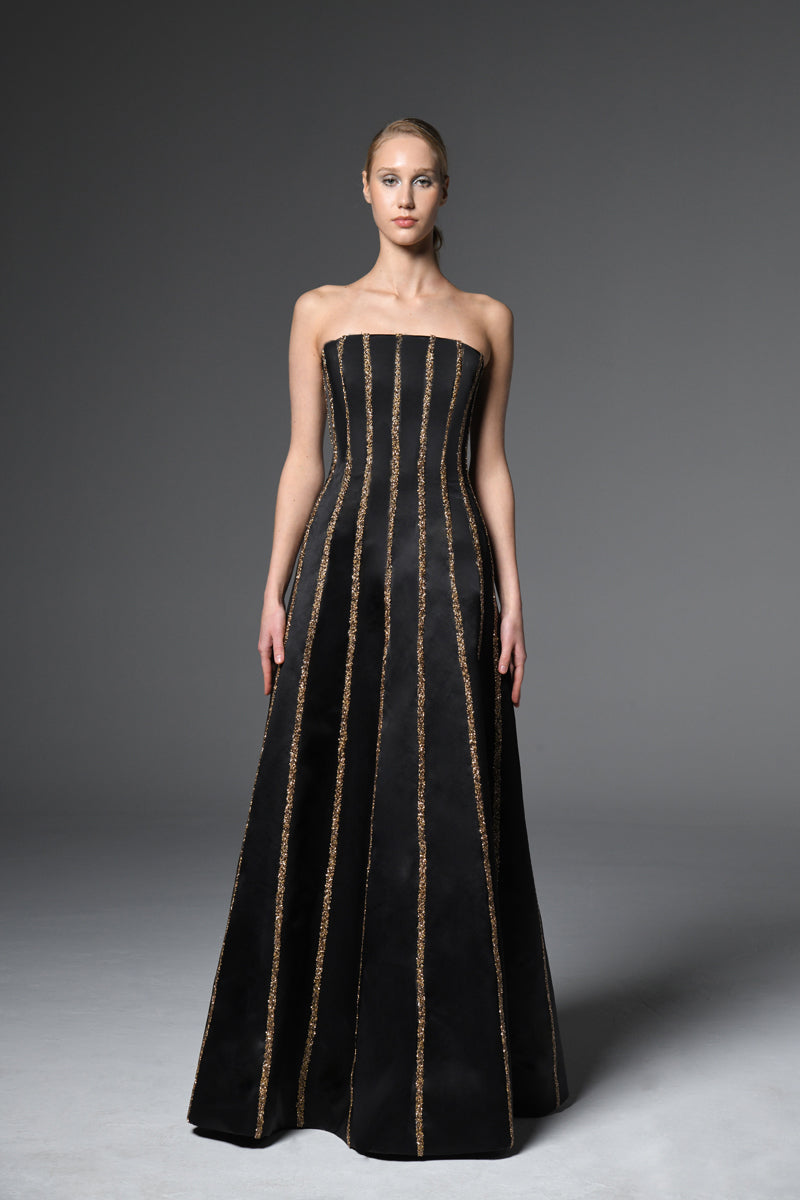 Corseted black satin radzimir dress