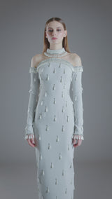 Light grey crêpe dress fully embroidered with crystals and pearls