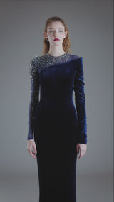 Asymmetric velvet blue dress with tulle and crystal embroidery