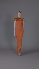 Burnt brick crêpe dress with 3D leaf embellishment