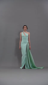 Asymmetric green crêpe dress with shimmery organza