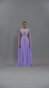 Lilac plissé dress with an embroidered neckline