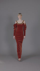 Burnt brick velvet dress with embroidered detailing