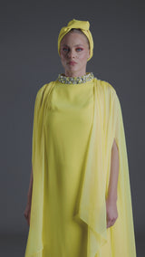 Yellow abaya with embroidered neckline and cape sleeves