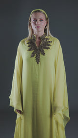 Golden olive abaya with open embroidered neckline