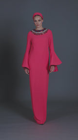 Coral crêpe abaya with embroidered neckline and bell sleeves