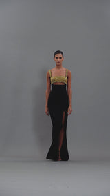 Black crêpe dress with gold embroidery