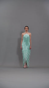 Green halter neck crêpe dress with beaded fringes detailing