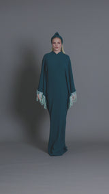 Teal crêpe abaya with layered beaded fringes