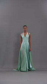 Green crêpe dress with A-line shimmery organza