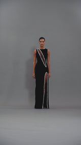 Black crêpe dress featuring embroidery detailing and a side-slit