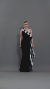 Asymmetric black crêpe dress with sequined ruffles