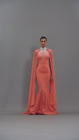 Coral crêpe dress with baguette embroidery and chiffon