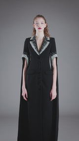 Black crêpe tailored coat dress featuring crystal embroidery‭