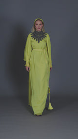 Golden olive abaya with embroidered neckline