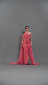 Coral asymmetric crêpe embroidered dress with chiffon