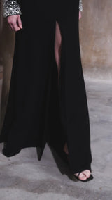 Black crêpe dress with crystal embroidered sleeves
