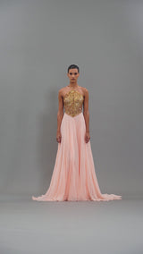 Halter neck peach plissé dress with embroidery