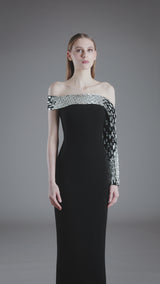 Asymmetric Black crêpe dress with baguette embroidery‭